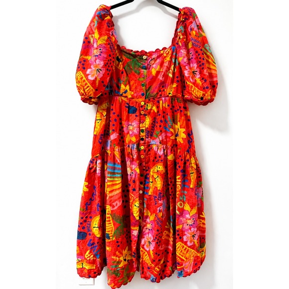 FARM Rio Dresses & Skirts - Farm Rio Good Vibes Cotton Midi Dress Puff Sleeve Smocked Tropical Resort Boho L